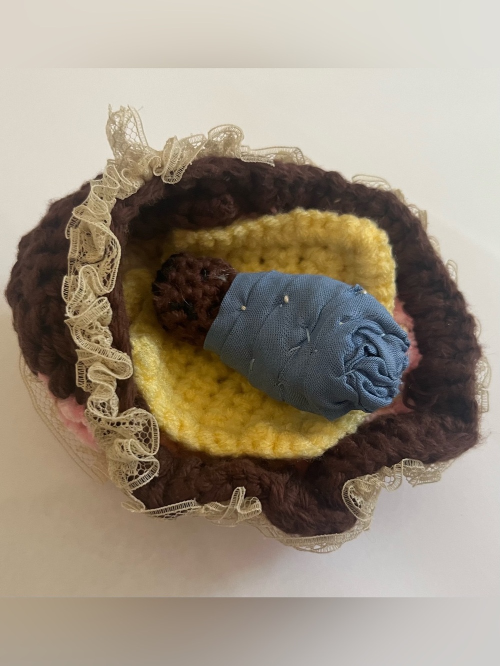 Handmade Mini Crochet Baby Basket Wrapped Baby Doll Lace Nursery Decor